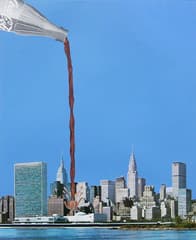 Gemälde einer Milchkanne, die über die Skyline von New York gegossen wird